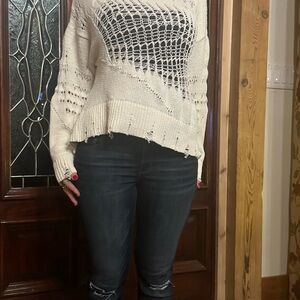 Zara Cream Distressed Knit Sweater